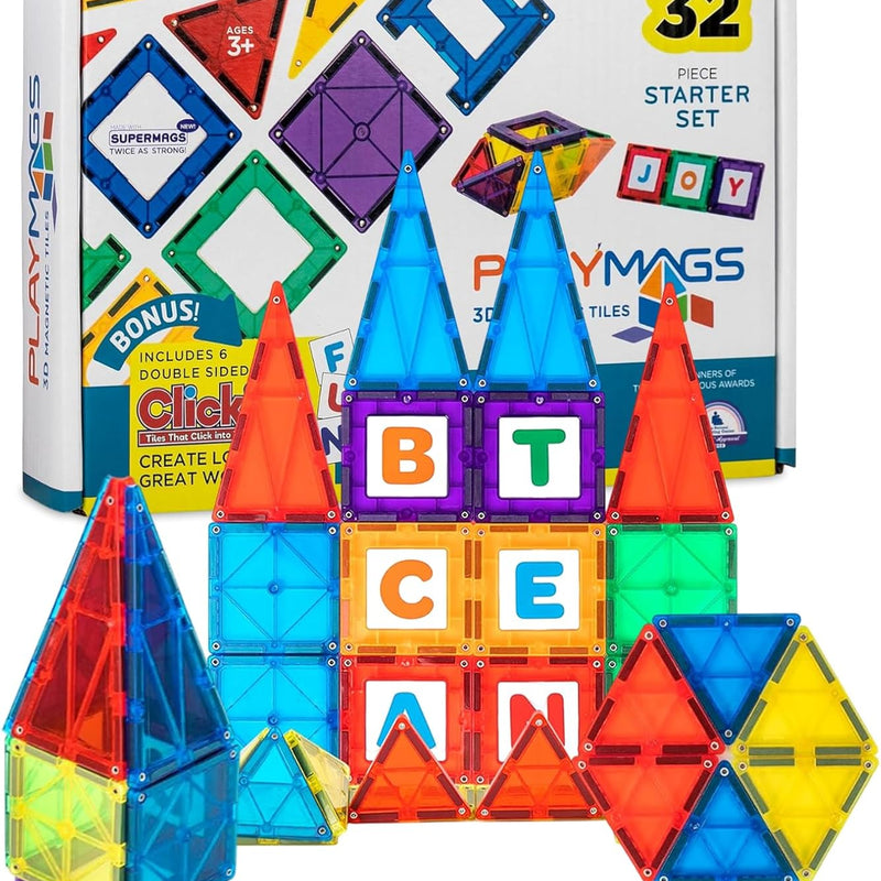 Playmags 100-Piece Magnetic Tiles for Kids, STEM Building Blocks Set with Click-in ABC Learning Tiles and Magnetic Figures