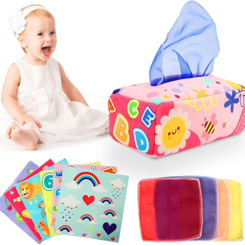 yogingo tissue box toy montessori for babies 6-12 months soft stuffed high contrast crinkle sensory toys