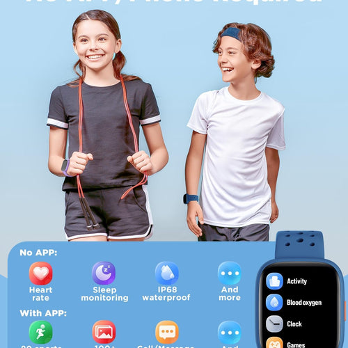 BIGGERFIVE 1.8" Kids Smart Watch, Fitness Tracker, Heart Rate Monitor, Sleep Tracker, IP68 Waterproof, Puzzle Games for 5-16 Year Old Girls Boys Teens, Blue