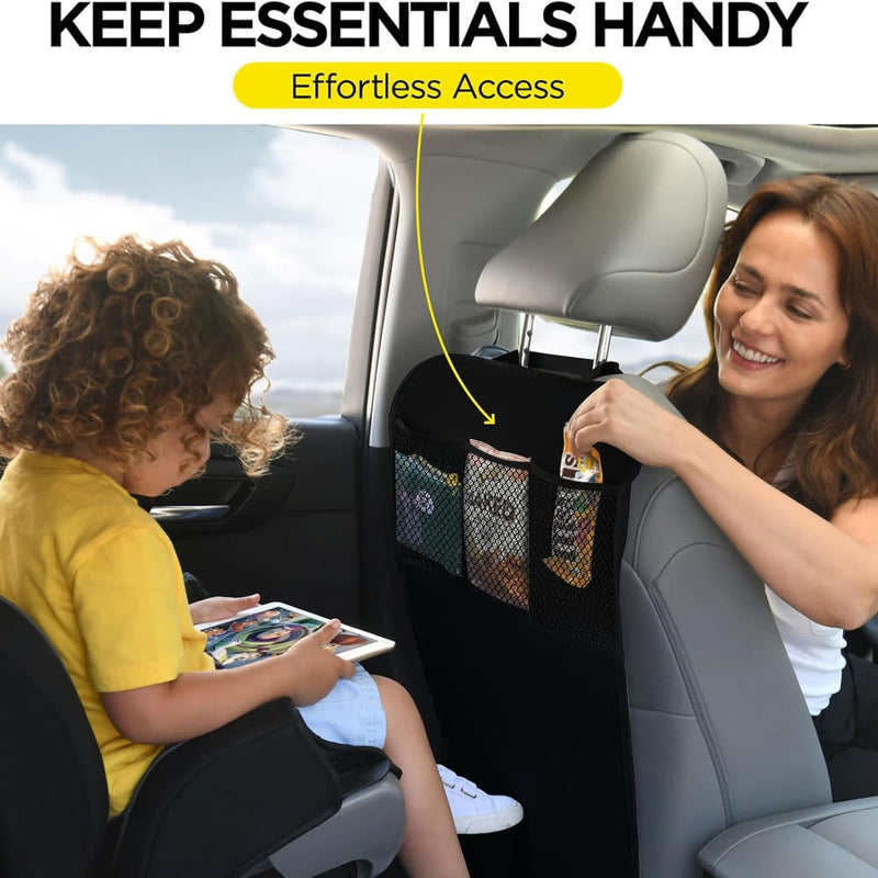 lebogner Back Seat Cover For Kids + 3 Pocket Storage Organizer, 2 Pack X-Large Waterproof Kick Mats Backseat Protector, Car Seat Back Protectors For Vehicles To Protect From Dirt, Mud & Scratches