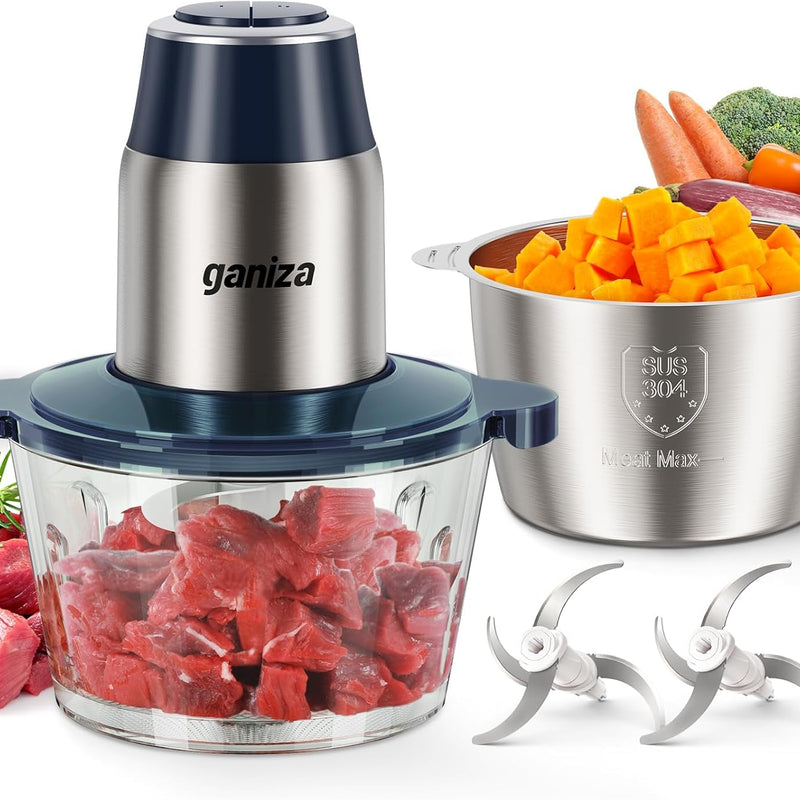 Ganiza Food Processors with 2 Bowls, 450W Meat Grinder Vegetable Chopper | 2-Speed Electric Food Chopper with 8 Cup Glass & 8 Cup Stainless Steel Bowls -Includes 2 Sets of Blades for Fruits/Meat/Nuts