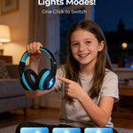 seenda JCH-01 Kids Bluetooth Headphones, 85/94dB, 3 Light Modes,Black&Blue | 75H playtime, soft padded fit, mic & AUX cord, stickers & doodle fun kids love; Wireess Headphones for school, travel, iPad.
