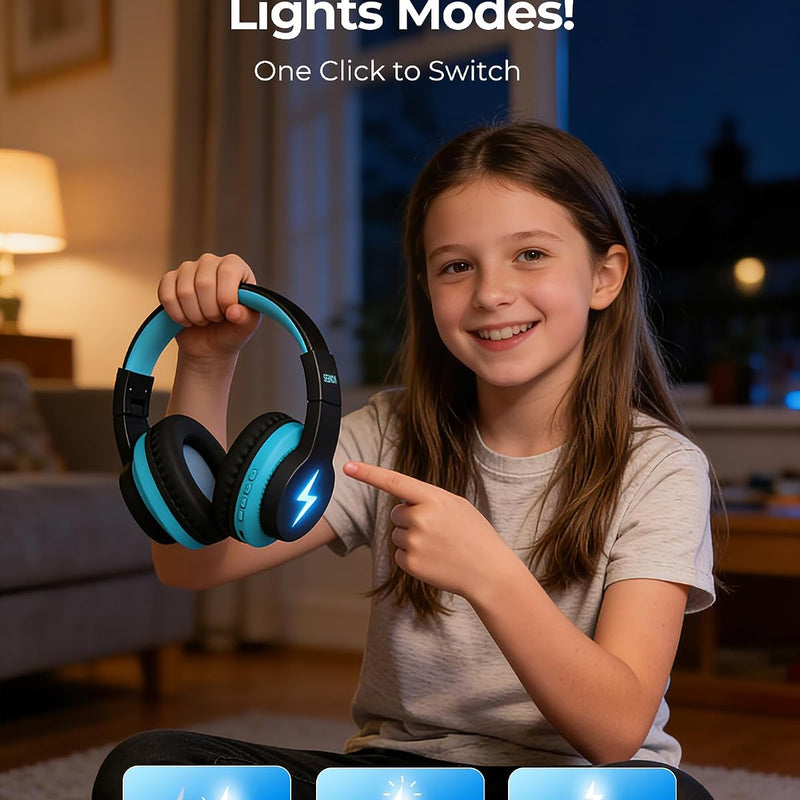 seenda JCH-01 Kids Bluetooth Headphones, 85/94dB, 3 Light Modes,Black&Blue | 75H playtime, soft padded fit, mic & AUX cord, stickers & doodle fun kids love; Wireess Headphones for school, travel, iPad.