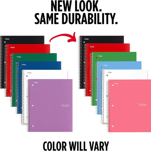 Five Star Spiral Notebook + Study App, 1 Subject, College Ruled Paper, 8.5" x 11", 100 Sheets, Assorted Colors, 6 Pack (38052)