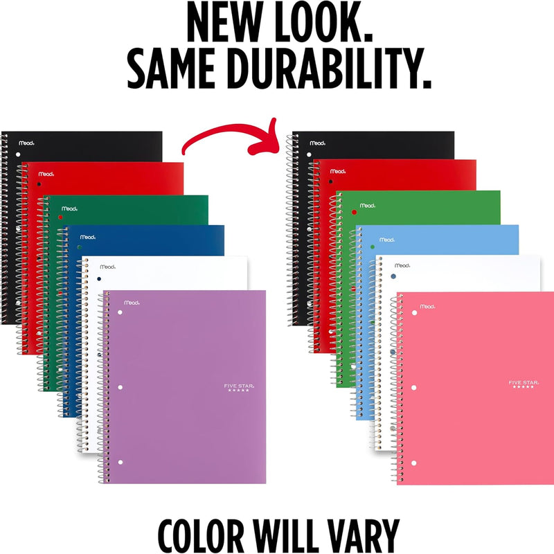 Five Star Spiral Notebook + Study App, 1 Subject, College Ruled Paper, 8.5" x 11", 100 Sheets, Assorted Colors, 6 Pack (38052)