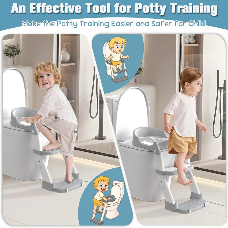 Potty Training Seat, Toddler Potty Training Toilet with Step Stool Ladder for Kids Boys Girls, 3 in 1 Foldable Toilet Seat Potty Chair with Urinals, Splash Guard, Handles, Anti-Slip Pad,Grey