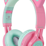 Riwbox CT-7 Cat Ear Kids Bluetooth Headphones, LED Light Up Bluetooth Wireless Over Ear Headphones with Microphone and Volume Control for Travel/School/Smartphones/Laptop/PC/TV (Pink&Green)