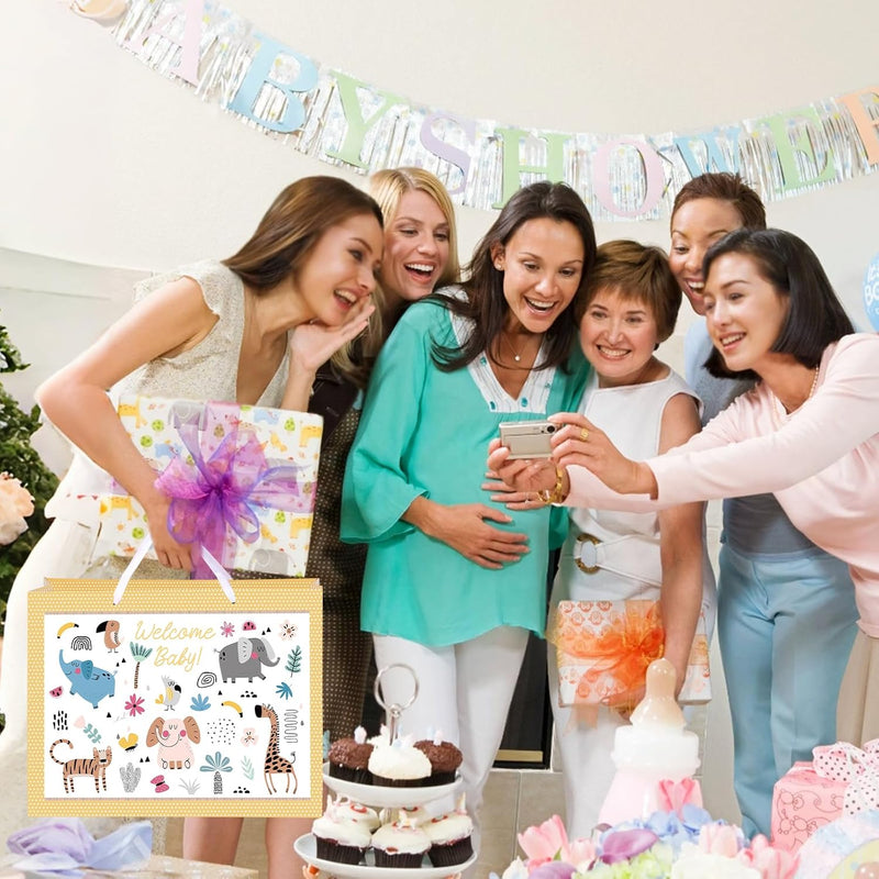 woric 14.5" Baby Gift Bag for Baby Shower Boys Girls Birthday Party | Include Tissue Paper and Greeting Cards, Ribbon Handles, Cute Animals Design, for Baby Shower and Birthday Gifts