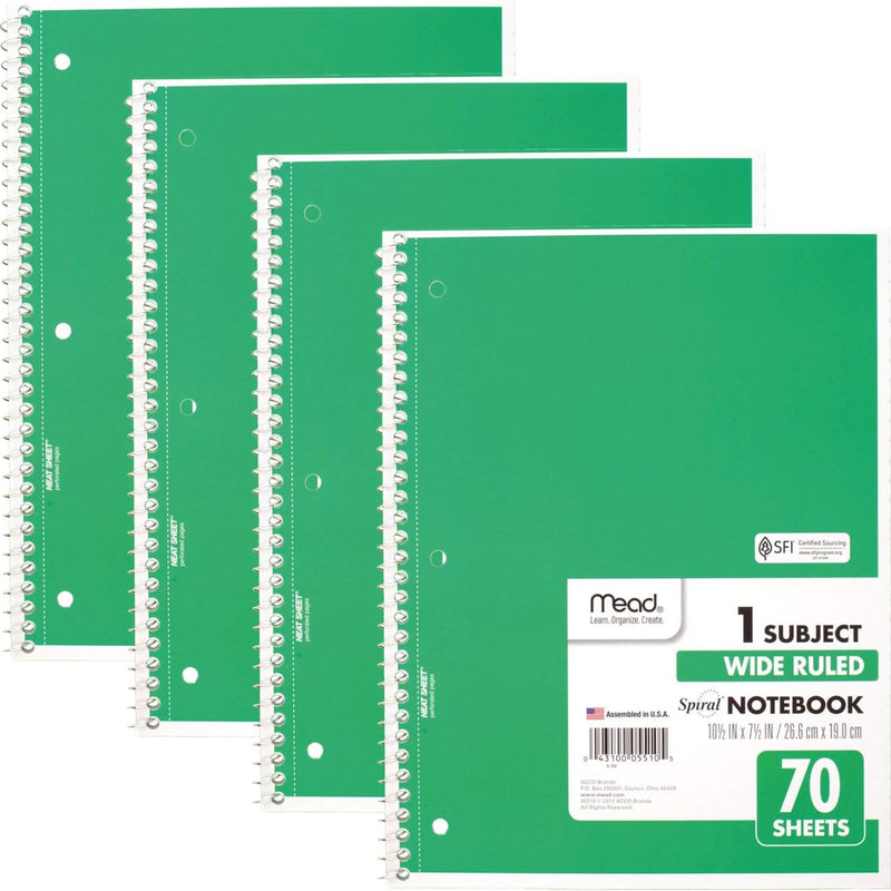 Mead Spiral Notebook, 4 Pack, 1 Subject, Wide Ruled Paper, 7-1/2" x 10-1/2", 70 Sheets per Notebook, Colors Will Vary (930200-ECM25)