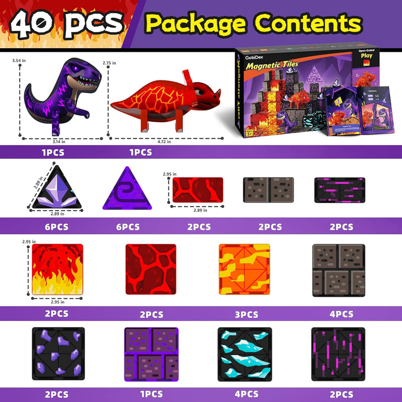 GobiDex Dinosaur Toys Magnetic Tiles Lava Cave Dinosaur World Set - Magnetic Building Blocks for Kids 3-5 5-7 Girls Boys Toys Age 4-6 6-8, STEM Sensory Toddler Birthday Gifts for 3+ Year Old Kids Toy