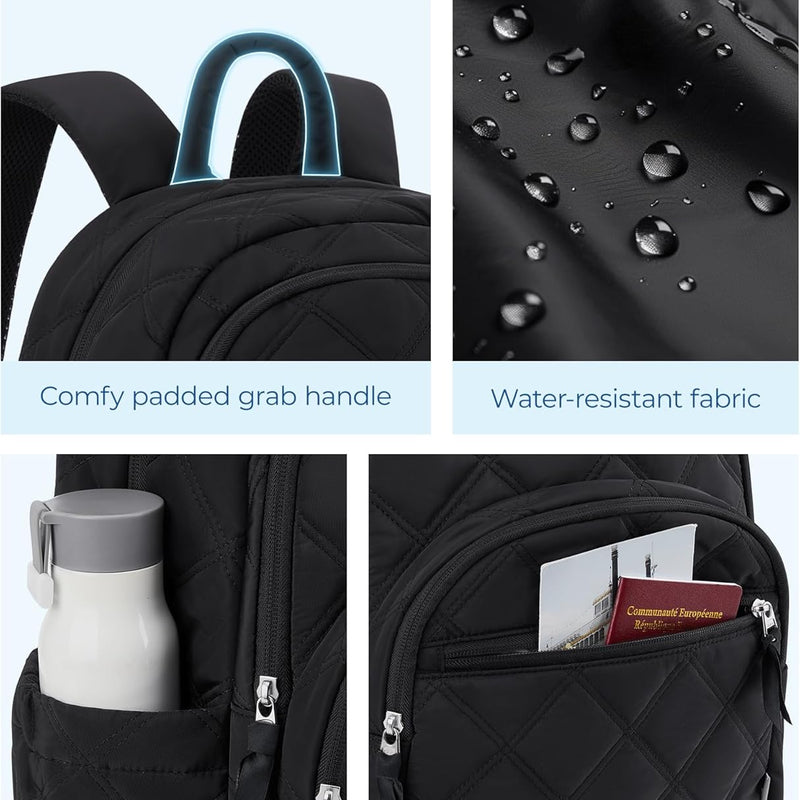 BAGSMART Travel Laptop Backpack, College Backpack for Women, Quilted Small Computer Bookbag, Water-Resistant 15.6 Inch Laptop Casual Bag, Black