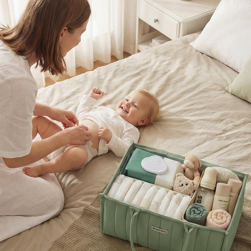 Blissful Diary Baby Diaper Caddy Organizer, Stylish Storage Basket for Newborn Essentials and Diaper Station, Gift for Baby Shower and Registry Must-Have, Sage Green