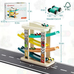 TOP Bright Toddler Wooden Race Track Car Ramp Toys with 4 Mini Cars and 1 Car Garage