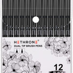 Hethrone Black Markers for Drawing - Brush Pens with Felt Tips for Artists - Calligraphy Pens, 12 Pack