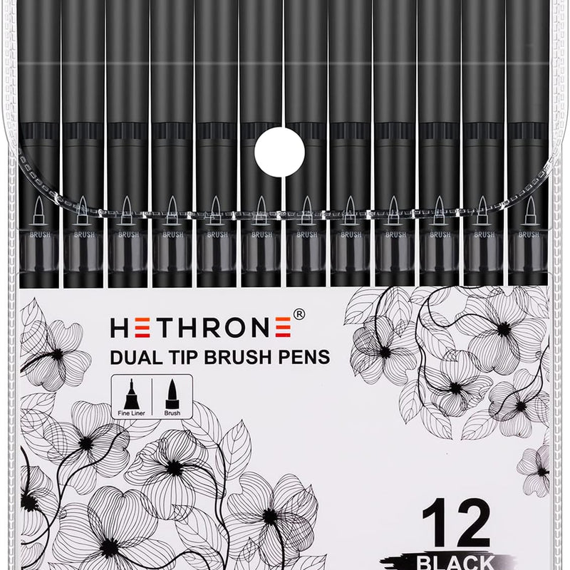 Hethrone Black Markers for Drawing - Brush Pens with Felt Tips for Artists - Calligraphy Pens, 12 Pack