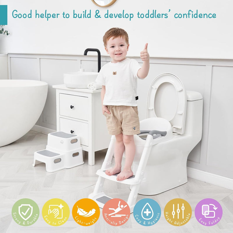 Forbena Potty Training Toilet Seat with Step Stool Ladder, Toddler Kids Potty Seat for Boys Girls, Non Slip Foldable Toilet Training Seat with Soft Cushion, Comfortable Handles (White-Grey)
