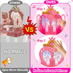 Toddler Vanity Magic Makeup Set Table & Chair Girl Toy Automatically Mirror with Music Light Pink Toys for 3 4 5 Year Old Girl Hair Salon Pretend Play Princess Dress Up Playset Valentine Gift Age 3-5