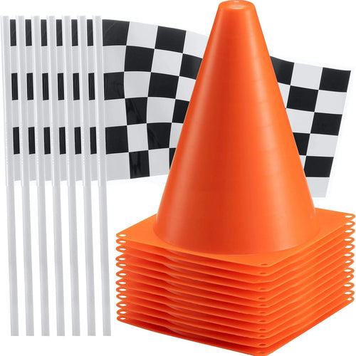 Bedwina Race Car Birthday Party Decorations - 36 Pcs, 12 Orange Mini Cones & 24 Black/White Checkered Flags