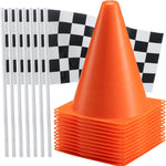 Bedwina Race Car Birthday Party Decorations - 36 Pcs, 12 Orange Mini Cones & 24 Black/White Checkered Flags