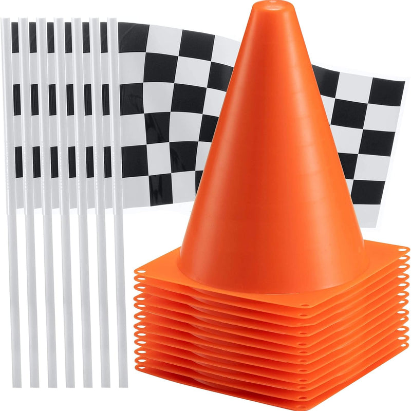 Bedwina Race Car Birthday Party Decorations - 36 Pcs, 12 Orange Mini Cones & 24 Black/White Checkered Flags