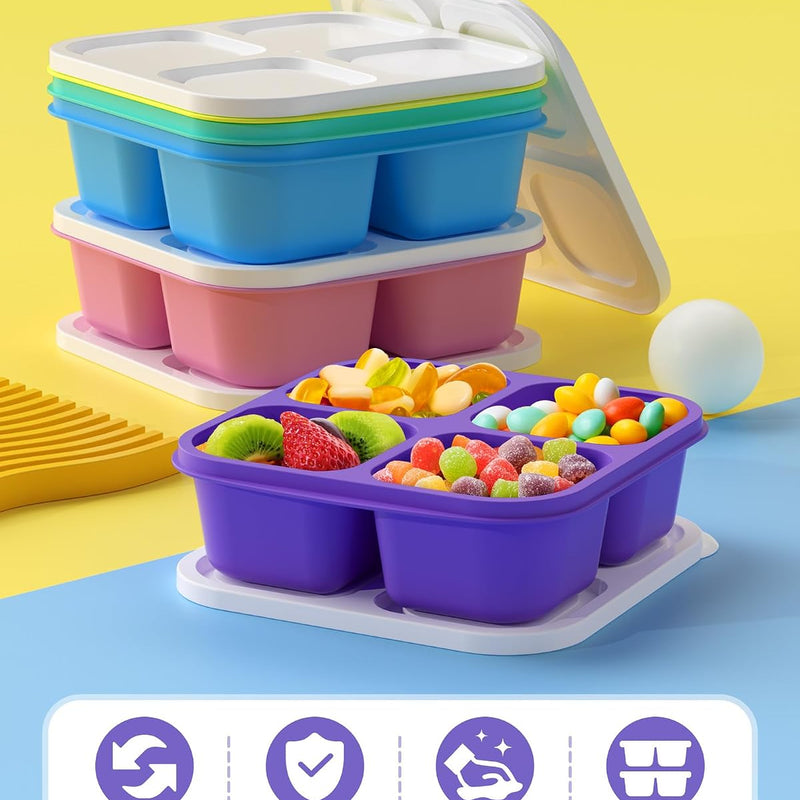 Canfanni 5 Pack Bento Snack Containers, 4 Compartment BPA-free Plastic Food Storage Containers, Divided Lunchable Container, Bento Lunch Box for Work and Travel