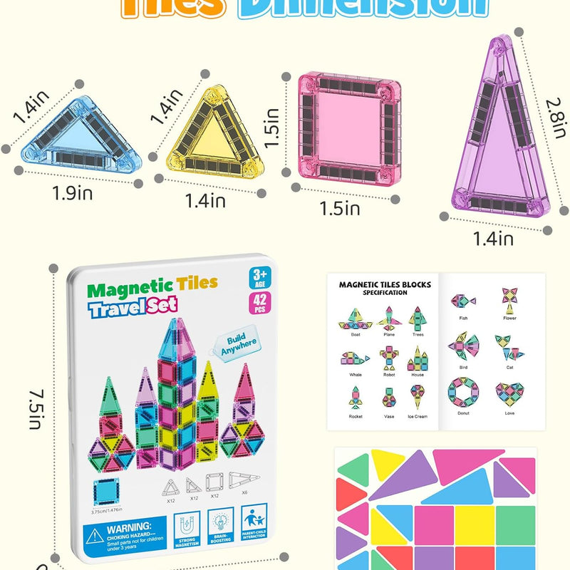 42PCS Mini Magnetic Tiles Travel Set with Iron Storage Box - Portable STEM Building Blocks for Kids 3-8, Montessori Educational Magnet Toys for Airplane, Car Rides & On-The-Go Play
