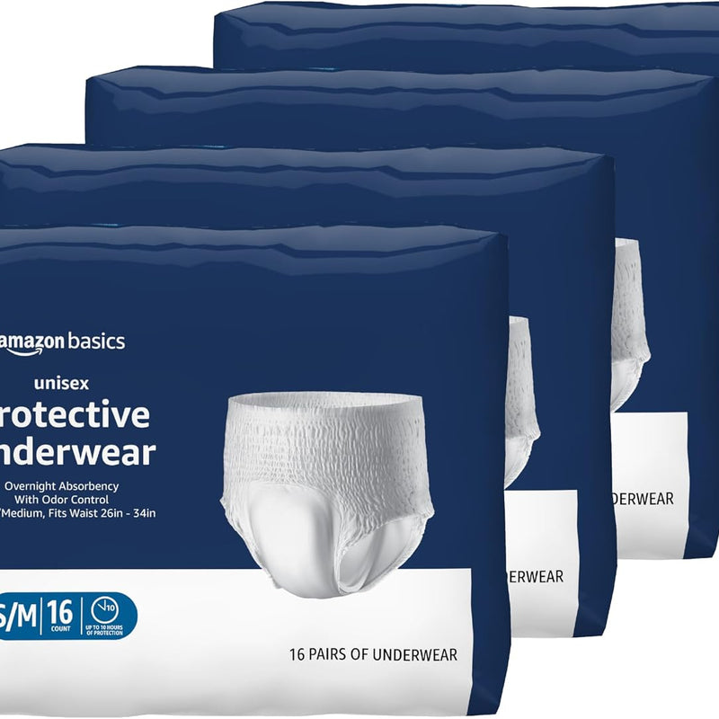 Amazon Basics Unisex Protective Underwear, Overnight Absorbency, Small/Medium, 16 Count