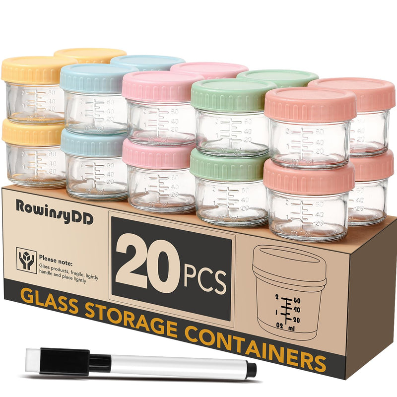 RowinsyDD 20 Pack Baby Food Containers, 4 oz Glass Baby Food Jars with Lids | Baby Food Storage Containers Small Baby Food Jars Glass with Lids Baby Food Containers for Freezer Microwave Safe BPA Free