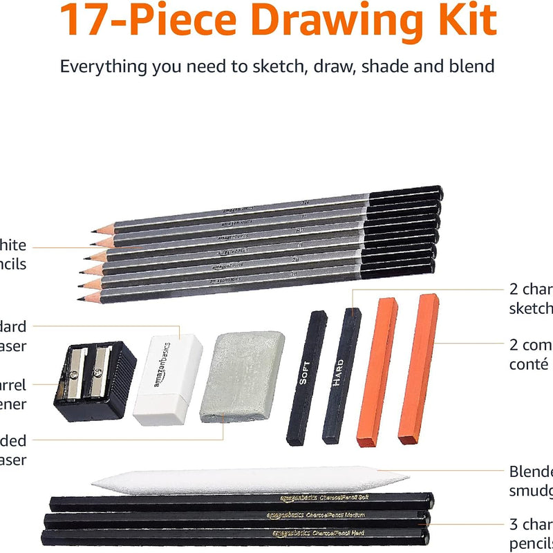 Amazon Basics Sketching and Drawing Art Pencil Kit, 17-Piece Set for Artists, Drawing Supplies with Pencils, Charcoal, Erasers, Sharpener for Shading, Black, White