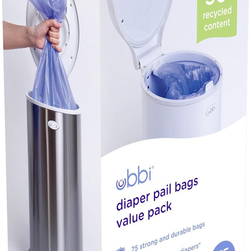 Ubbi Diaper Pail Plastic Bags, 13-Gallon Capacity, 3 Pack, 75 Count | Disposable Baby Waste Bags, Made from 50% Recycled Material, Each Bag Holds Up To 50 Newborn Diapers