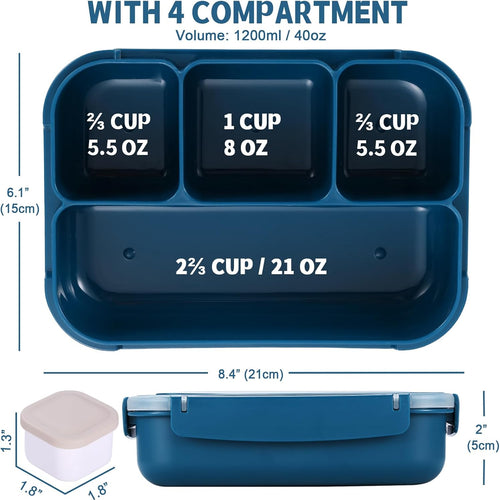 shell and turtle Bento Box Adult Lunch Box, Kids Lunch Containers for School with 4 Compartments, with Utensils, Sauce Jar, Muffin Liners, Microwave Safe, Navy