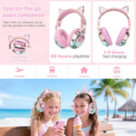 QearFun Kids Cat Ear Bluetooth Headphones, 60H, 74/85/94dB Volume Limit | Wireless headphones for kids with mic, fast charging, foldable design, wired mode for girls boys, school, tablet, travel