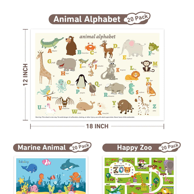 Babebay Disposable Placemats for Baby, 60 Pack Sticky Toddler Placemat for Restaurants, Dining Table, Party, Travel, 12" x 18" with 3 Designs