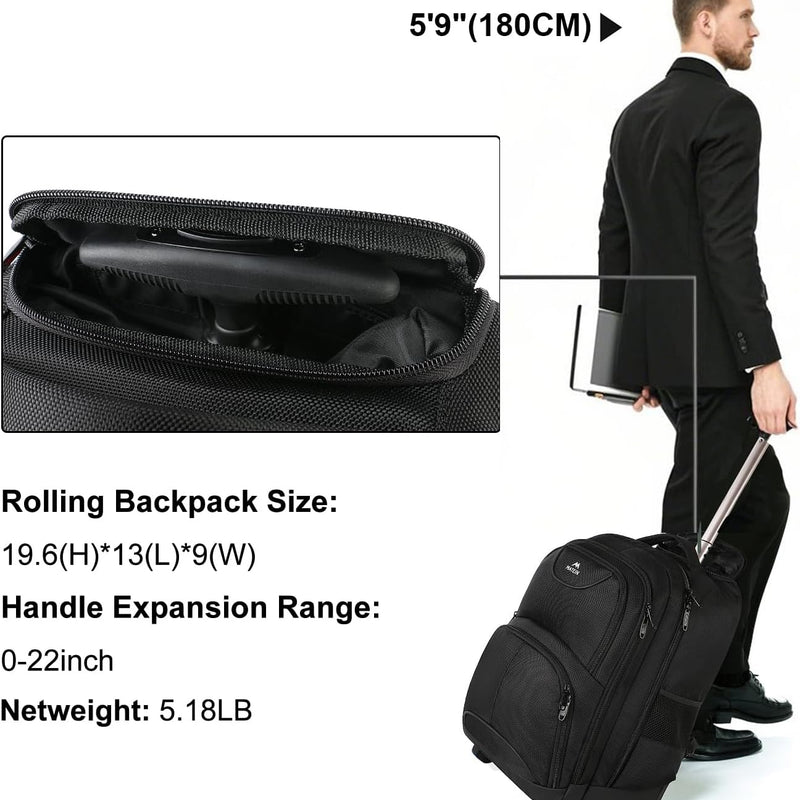 MATEIN Rolling Backpack, 17 inch Water Resistant Wheeled Laptop Backpack, Carry on Luggage Business Bag, Overnight College Computer Bag Trolley Suitcase for Men Women Adults to Travel, Black