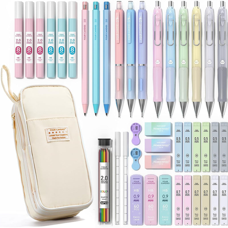 Four Candies 36PCS Mechanical Pencil Set with 624 Lead Refills (Pink) | 0.5mm - 2.0mm Mechanical Pencils, Aesthetic School Supplies for Writing, Drawing, Drafting , Note-Taking & Back to School