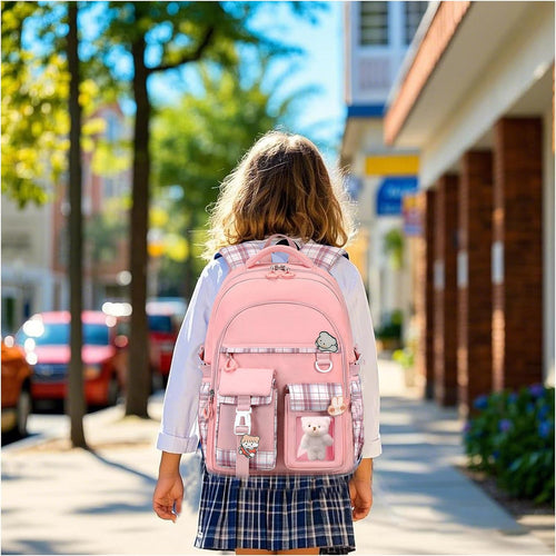 PRLINJSK Girls Backpack，Cute School Backpack for Girls Kids Teens，Kawaii Bookbag for Primary Elementary，Pink