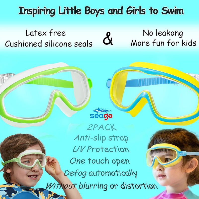 Seago Swim Goggles 2 Pack Anti-Fog Anti-UV Wide View Swimming Goggles for Kids 3-14