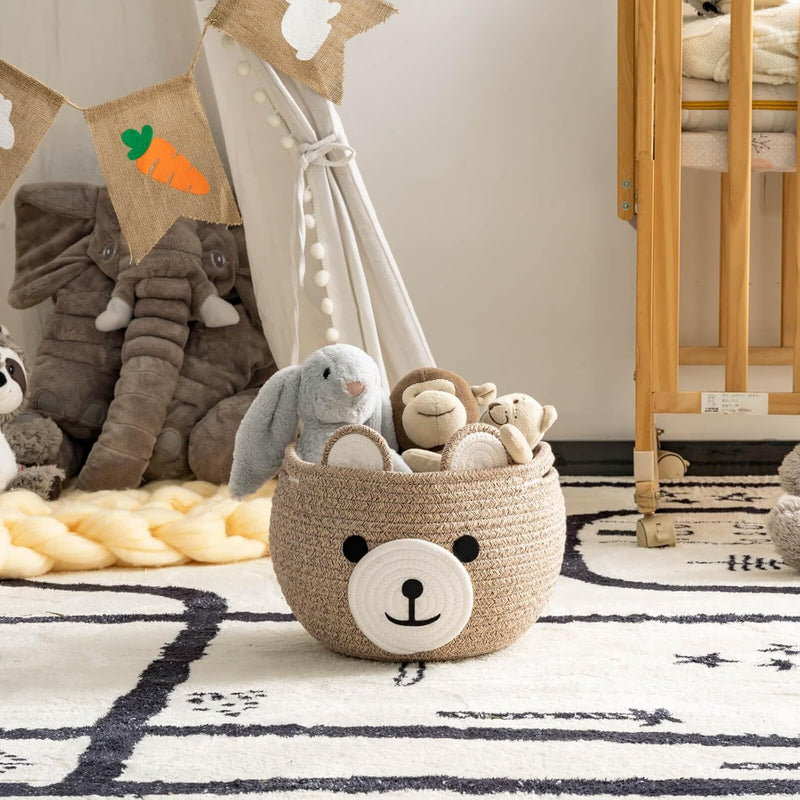 Baby Basket for Gifts Empty, Cute Bear Design, Light Brown | 10.5" x 8.5" Baby Shower Basket for Kids Boys Newborn Storage, Toy Basket for Living Room Nursery Décor, Soft Cotton Rope
