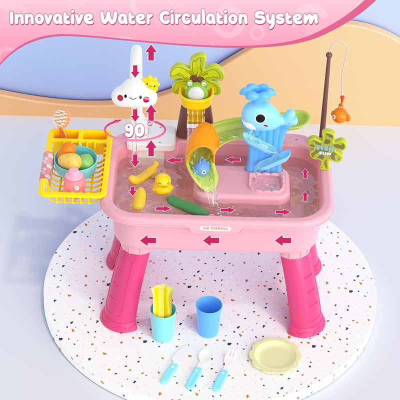 2026 Upgraded Water Table for Toddlers 1-3 - Outdoor Toys for Kids Ages 4-8 with Pump, Summer Outside Sensory Activity Pool Toys, Kitchen Play Sink Toy with Running Water, Fishing Toy, Pink