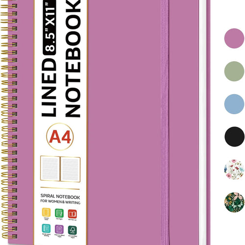 Taja Spiral Lined Notebook, 8.5"x11" Notebooks for Work, Large A4 Journal for Women & Men, College Ruled Journaling Notebook for Writing, Plastic Cover Spiral Journal, Purple