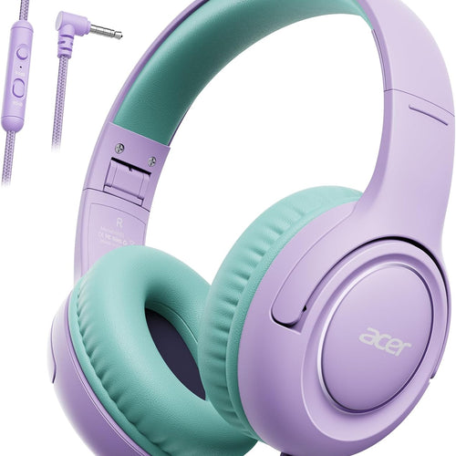 acer kids headphones purple green - over-ear volume limiter 85db foldable stereo sound headset for toddlers girls boys travel learning entertainment