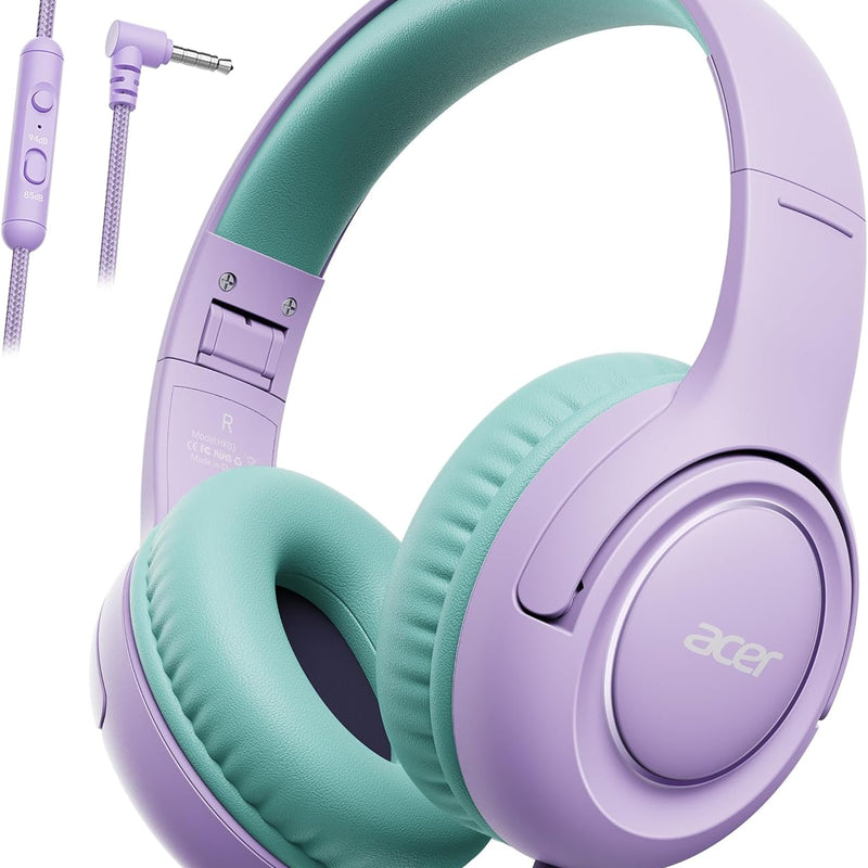 acer kids headphones purple green - over-ear volume limiter 85db foldable stereo sound headset for toddlers girls boys travel learning entertainment