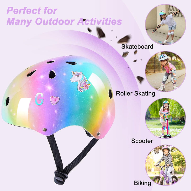 Kids Unicorn Helmet Set for Girls Age 3-8, Adjustable Protective Gear with Stickers for Roller Skates, Bicycle, Skateboarding, Scooter, Multiple Sports