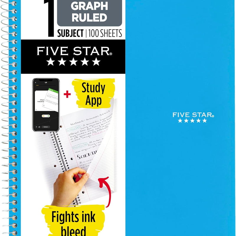 Five Star Spiral Notebook + Study App, 1 Subject, Graph Ruled Paper, 8-1/2" x 11", 100 Sheets, Fights Ink Bleed, Water Resistant Cover, Tidewater Blue (06190AA4)