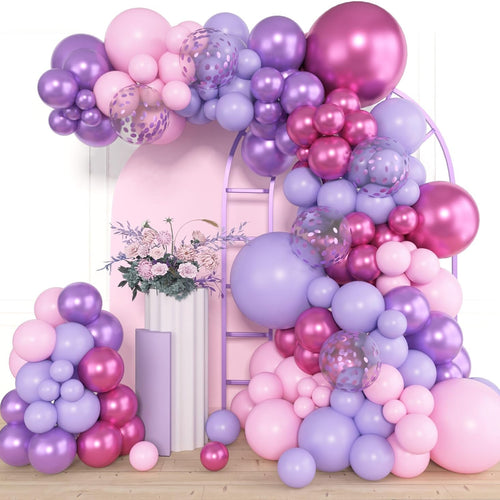 Amandir 153pcs Balloon Garland Kit, 4 Size Options, Pink, Purple, Red, Latex, and Metallic Balloons for Birthday Party Decor