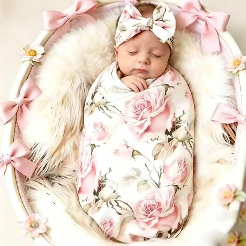 Galabloomer Newborn Receiving Blanket Headband Set Baby Flower Swaddle