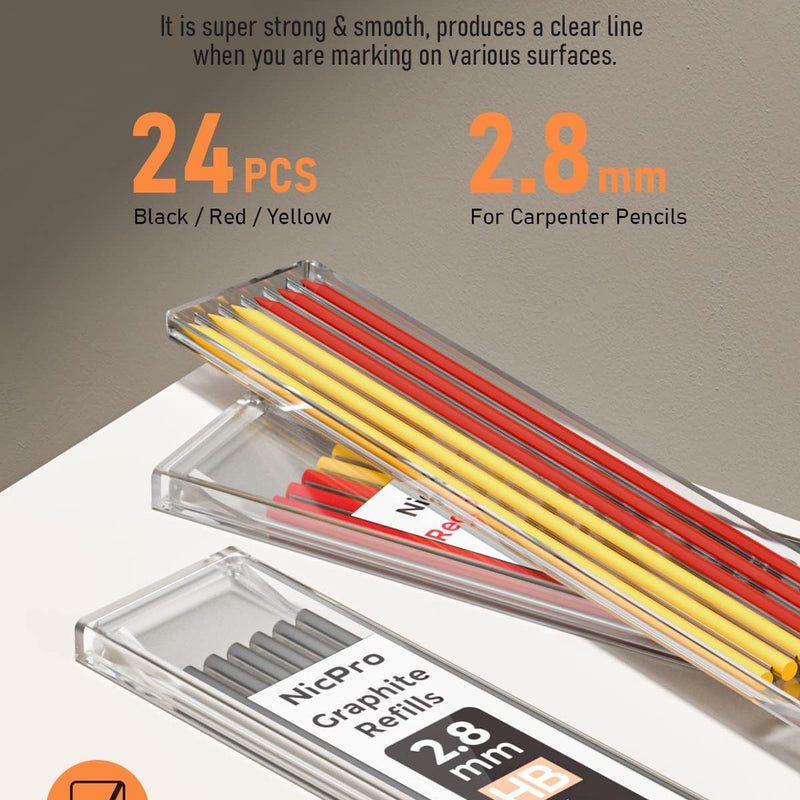 Nicpro Carpenter Pencil with Sharpener, Mechanical Pencils Set with 26 Refills, Deep Hole Marker for Construction, Heavy Duty Woodworking Tools for Architect (Black, Red) - With Case