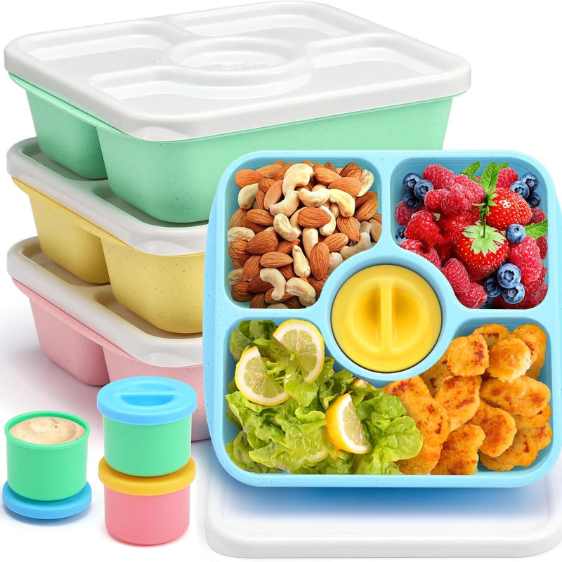 Bento Snack Box Containers for Adults Kids, 4 Pack Lunchable Meal Prep Containers Reusable, Stackable Bento Lunch Box, Food Storage Prep Containers with Lids and 4 Sauce Cups, Pastel Color, Clear Lid