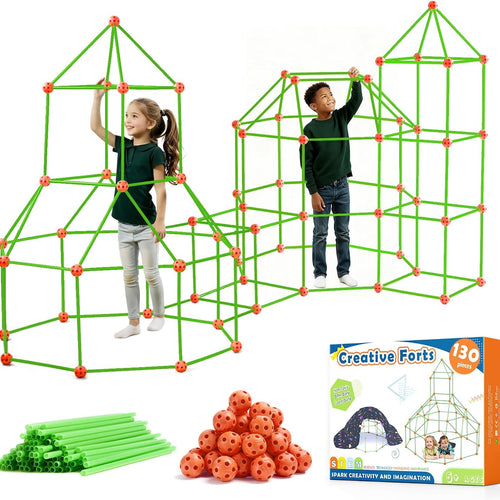 130-Piece Building Kit for Kids Ages 5-12, Indoor and Outdoor Fort Building with Storage Bag and 86 Rods and 44 Balls