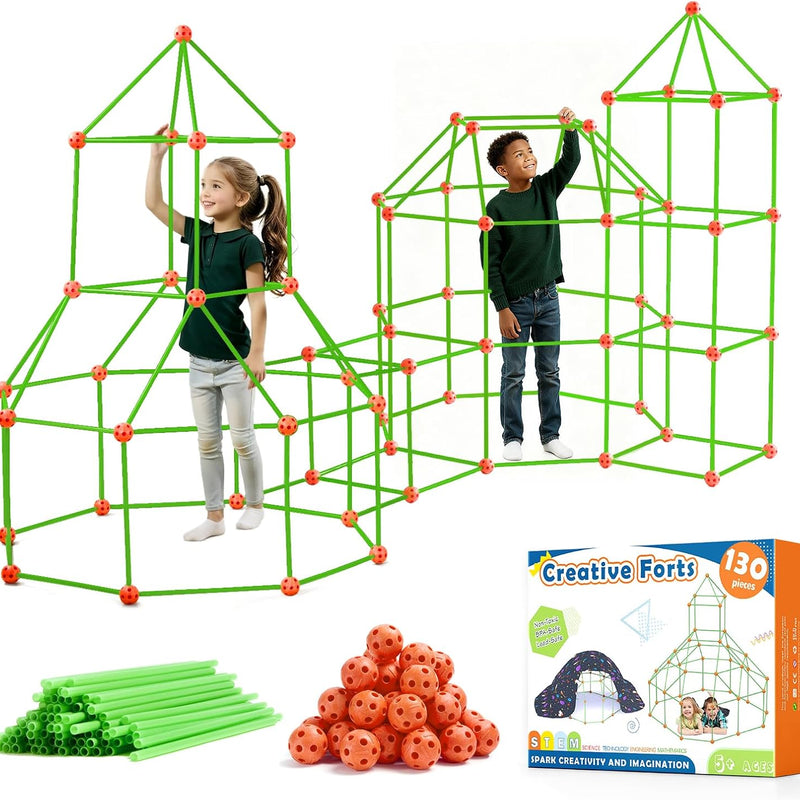 130-Piece Building Kit for Kids Ages 5-12, Indoor and Outdoor Fort Building with Storage Bag and 86 Rods and 44 Balls